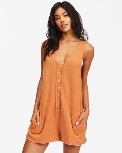 Billabong Fade Away Button-Up Knit Romper Toffee | ACTIBL153