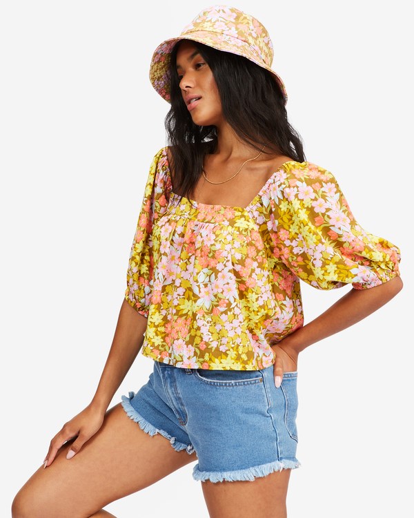 Billabong Beach Daze Puff Sleeve Crop Top Moss | ROTZGN018