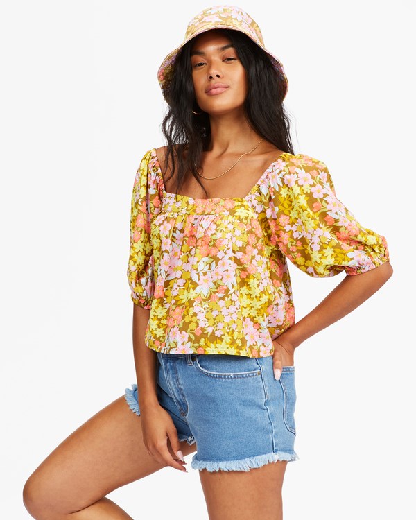 Billabong Beach Daze Puff Sleeve Crop Top Moss | ROTZGN018