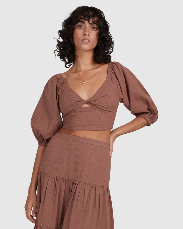 Billabong Del Sole Top Puff-Sleeve Crop Top Chocolate | FEQAVT482