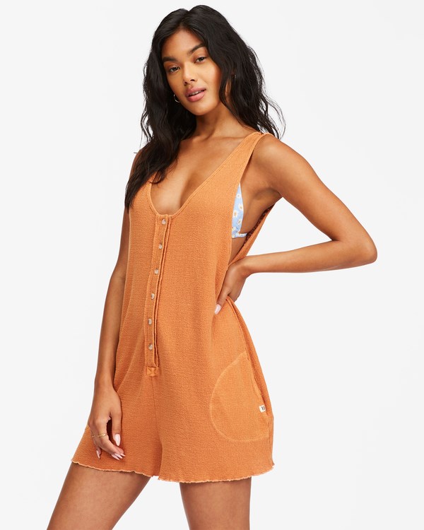 Billabong Fade Away Button-Up Knit Romper Toffee | OSQYVD460